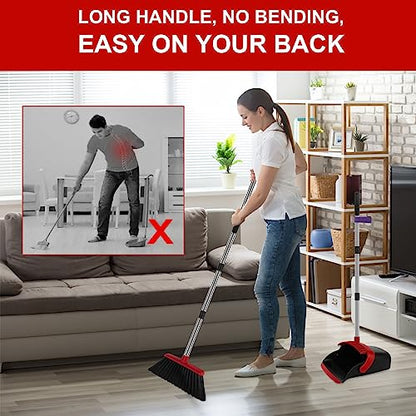 Broom and Dustpan Set, Heavy Duty Large Household Broom with Dustpan Combo Set, 55 Inch Long Handle, Red Dust Pan Combo Set for Home