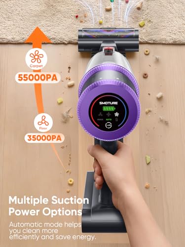 SMOTURE Cordless Vacuum Cleaner, Upgraded 650W 55KPA 70Min Vacuum Cleaner for Home, Pet Brush&3.3Ft Hose, Self-Stand, Auto Mode,Touchscreen, Anti-Tangle Vacuum, Stick Vacuum for Pet Hair/Carpet/Floor