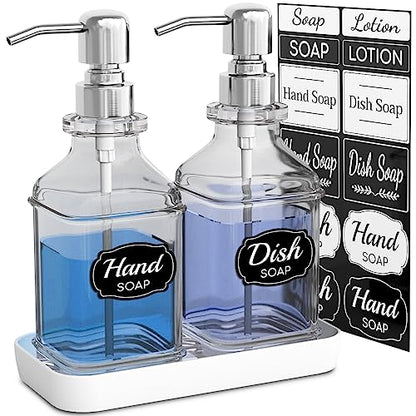 LMQML Soap Dispenser - 2 Pack, Antique Design Thick Glass Hand Soap Dispensers with Sturdy Tray; 304 Rust Proof Stainless Steel Silver Pump, 12Pcs Stickers, for Kitchen, Bathroom - color: Silver