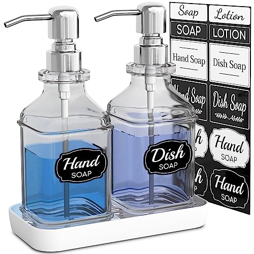 LMQML Soap Dispenser - 2 Pack, Antique Design Thick Glass Hand Soap Dispensers with Sturdy Tray; 304 Rust Proof Stainless Steel Silver Pump, 12Pcs Stickers, for Kitchen, Bathroom - color: Silver