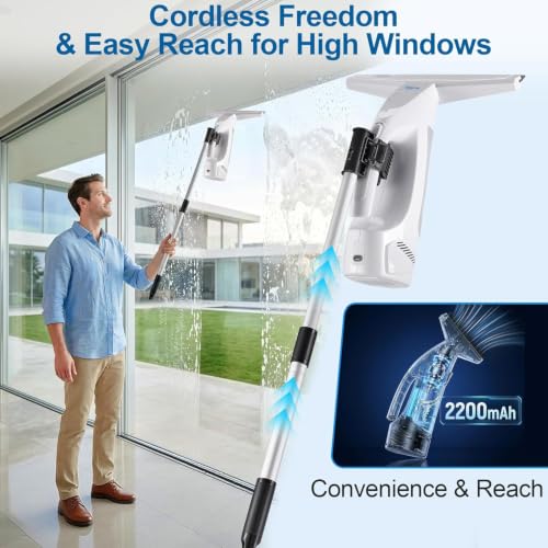 GARYOG Window Vacuum Squeegee Cordless,Electric Window Cleaner Kit with 31-40" Extendable Pole,2000Pa,2200mAh,150ml Tank,2 Squeegee Blades for Shower Glass,Tiles,Mirrors,Car.