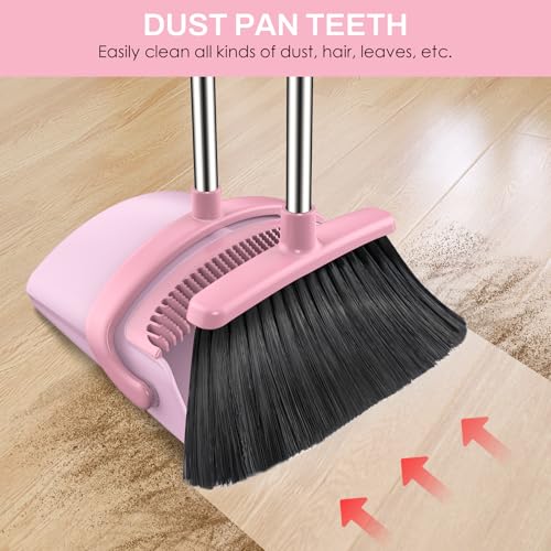 Broom and Dustpan Set for Home, 51-in Long Adjustable Handle Angle Broom and Dustpan Combo Set with Dust Pan Teeth to Clean Hair for Home Kitchen Office Lobby Floor Garden, Pink - color: Pink