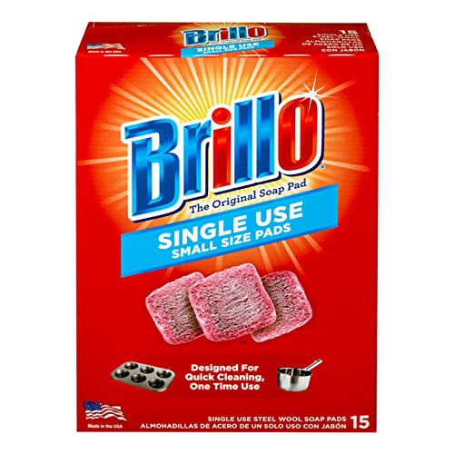 Brillo Single Use Steel Wool Soap Pads, Smaller Size Original Red Scent, 15 Count (Singles, 15 Count (Pack of 12))
