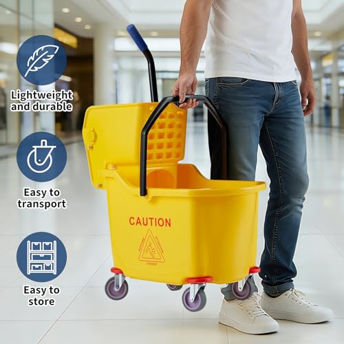 Commercial Mop Bucket with Side Press Wringer on Wheels, 35 Quart Capacity for Floor Cleaning, Kitchens, Restaurants, and Janitorial Use, Yellow