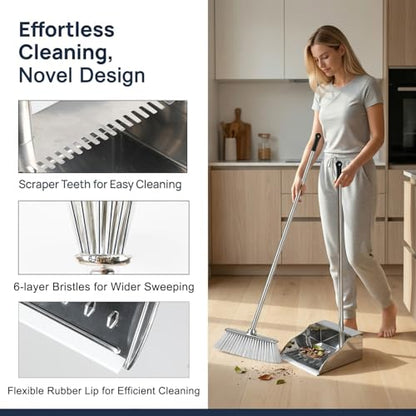 Indoor Soft Bristles Broom and Dustpan Angle Sweeping Dustpan and Broom with Long Handle for Kitchen Hardwood Floor Cleaning