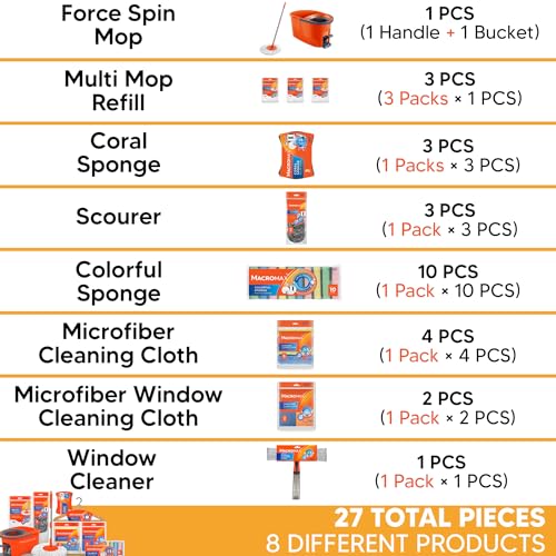 Home Cleaning Kit with Force Spin Mop Microfiber Cloths Sponges Scourers Window Cleaner Supplies Set