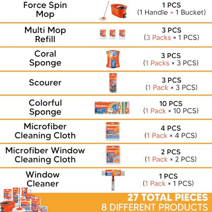 Home Cleaning Kit with Force Spin Mop Microfiber Cloths Sponges Scourers Window Cleaner Supplies Set