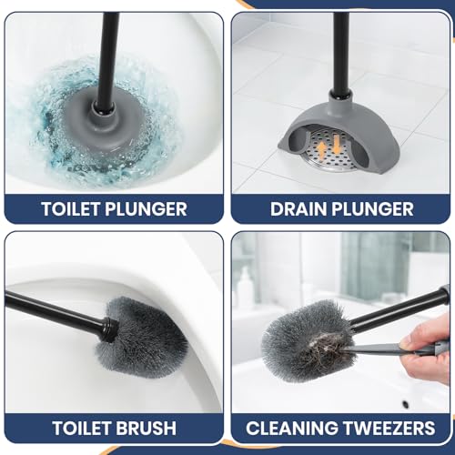 Toilet Bowl Brush and Plunger Set with Toilet Cleaner Brushes and Heavy Duty Plunger Long Handle for Essential Bathroom Scrubber Cleaning