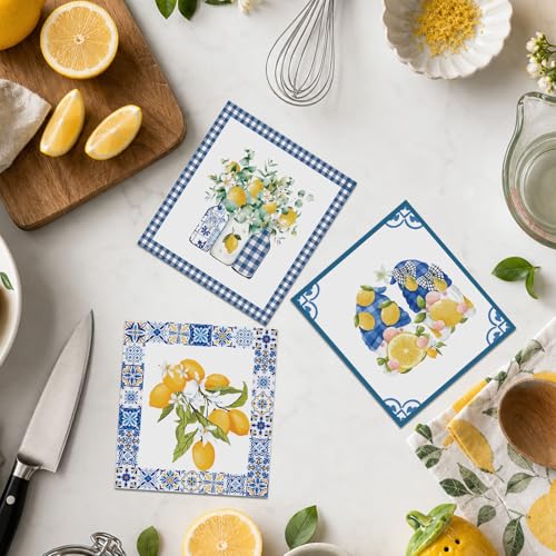 Lemons Swedish Dishcloths for Kitchen, 6 Pcs Reusable Tiles Lemons Sponge Cleaning Cloths, Absorbent Summer Yellow Fruit Dish Cloths Towels Wipes for Cooking Home Decoration Housewarming Gift - style: Tiles Lemons