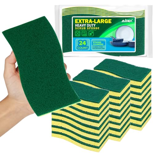 AIDEA XL Scrub Sponges 24Count, Sponges for Dishes, Extra Large Sponge for Cleaning Kitchen and Household, Heavy Duty Sponge Safe for Non-Coated Cookware, Cleaning Power for Bathroom, House - color: Green-extra Large
