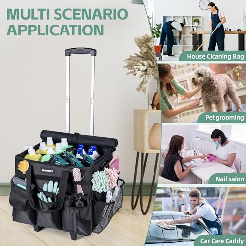 Large Rolling Cleaning Caddy Bag with Wheels, with Detachable Trolley, Cleaning Bags on Wheels for Housekeepers, Cleaning Cart Supplies Organizer for Home, Car, Picnic (Black) - color: Black