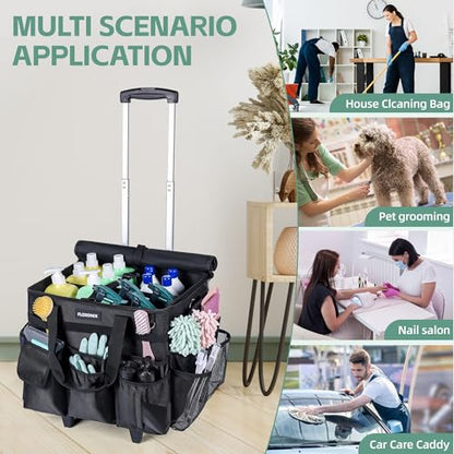 Large Rolling Cleaning Caddy Bag with Wheels, with Detachable Trolley, Cleaning Bags on Wheels for Housekeepers, Cleaning Cart Supplies Organizer for Home, Car, Picnic (Black) - color: Black