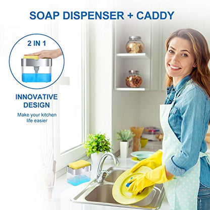 New 2026 Version Soap Dispenser with Added Features - Premium Quality Dish Soap Dispenser - Countertop Kitchen Soap Dispenser, Sink Dish Washing 13 Ounces (Sponge Included) - color: Silver