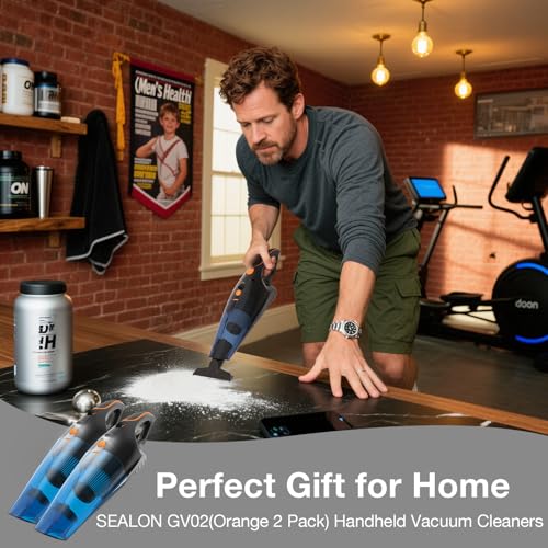 SEALON GV02 Handheld Rechargeable Car Vacuum Cleaner, 10KPa Vacuum Cleaner and Air Duster, High Power Hand Held Vacuum with LED Light and Multi-Nozzles for Car, Home, Office, Pet （Orange 2 Pack） - color: Gv02-orange-2