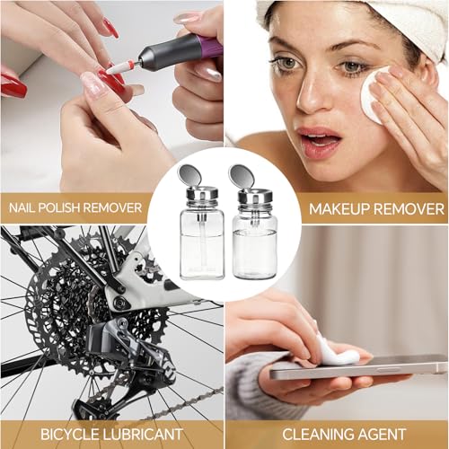 2 Pcs Clear Pump Dispenser Bottles (180ml/6Oz + 100ml), Glass Push Down Liquid Dispenser with Metal Flip Cover, Refillable Press Container for Nail Polish Remover, Makeup Remover & Lotion - size: Circle + Square