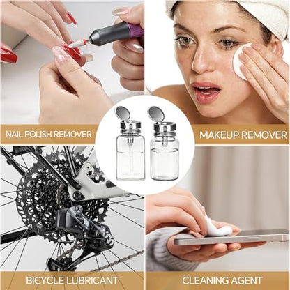 2 Pcs Clear Pump Dispenser Bottles (180ml/6Oz + 100ml), Glass Push Down Liquid Dispenser with Metal Flip Cover, Refillable Press Container for Nail Polish Remover, Makeup Remover & Lotion - size: Circle + Square