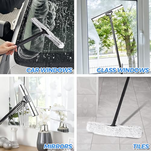 Tiiyee Window Squeegee for Home, 2 in 1 Window Washing kit with 57" Extension Pole Telescopic Shower Door Cleaner Tool Car Windshield Cleaning Long Handle for Glass Doors Floor Tile Wall 14 inch Wide