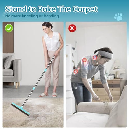 Carpet Rake 60" Long Handle, Pet Hair Removal Broom with Metal Fabric Edge | Carpet Scraper for Matted Carpet, Fluffs Carpets Rugs Mats, Works on Couch Stairs Furniture, Removes Dog Cat Pet Hair Easily