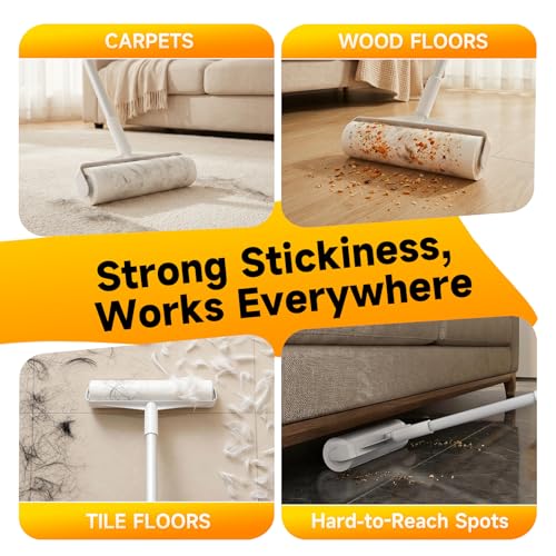 Large Floor Lint Roller with Extendable Long Handle, 9.45" Extra Wide Sticky Roller, 400 Sheets with 3 Refills, Heavy Duty Pet Hair Remover for Floor, Carpet, Couch & Hard-to-Reach Areas - size: 4 Pack Floor Roller