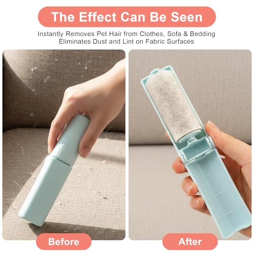12 Pack Foldable Travel Lint Roller, Washable Foldable Lint Remover, Portable Cleaning Roller with 4 Handles & 8 Refills, Reusable Pet Hair Remover for Clothes with Protective Cover