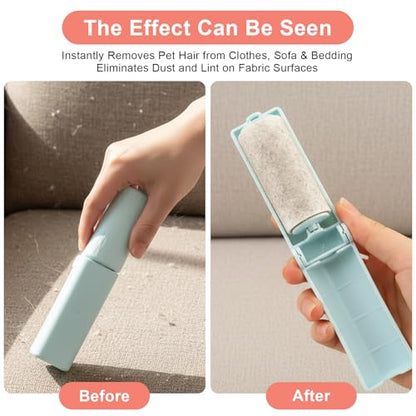 12 Pack Foldable Travel Lint Roller, Washable Foldable Lint Remover, Portable Cleaning Roller with 4 Handles & 8 Refills, Reusable Pet Hair Remover for Clothes with Protective Cover