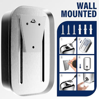 Commercial Wall Mounted Stainless Steel Soap Dispenser, Liquid & Gel Hand Sanitizer for Public Restrooms, Janitorial Cleaning Supplies, Key Lock, Leak-Proof for Hotels, Hospitals, Offices - size: 1000ml(35oz)