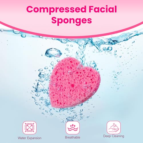 80-Count Compressed Cellulose Heart Shape Facial Sponges – 100% Natural Cosmetic Sponges for Gentle Facial Cleansing, Exfoliating, Makeup Remover & Mask Application, Reusable Travel Size