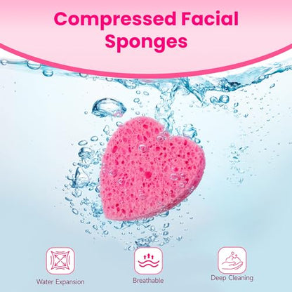80-Count Compressed Cellulose Heart Shape Facial Sponges – 100% Natural Cosmetic Sponges for Gentle Facial Cleansing, Exfoliating, Makeup Remover & Mask Application, Reusable Travel Size