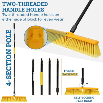KLEEN HANDLER 18" Push Broom with 61" Long Extendable Metal Handle with Threaded Plastic Screw for Deck Driveway Garage Yard Patio Warehouse Hard Floor Cleaning - style: 18" Push Broom