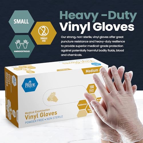 MED PRIDE Disposable Medical Grade Vinyl Exam Gloves, Latex & Powder Free, Ultra-Strong, for Healthcare & Food Handling (Medium (Pack of 100) 100 Clear) - size: Medium (Pack of 100)