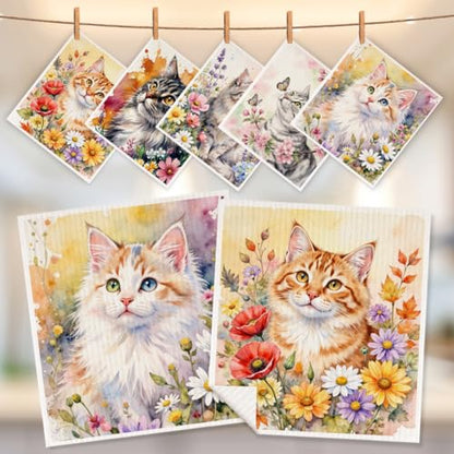 5 Pcs Cute Kitten & Flower Swedish Dishcloths, Cat Themed Swedish Dishcloth, Artistic Dish Cloths for Drying Dishes, Reusable Cleaning Cloths, Housewarming Gifts for Women 2 - color: Lm 04251