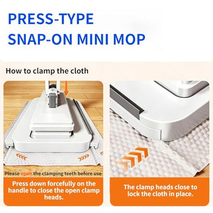Press Grip Mini Mop for Tight Spaces – 39in Compact Handle, One-Click Zero-Touch Cloth Change Flat Map, Compatible with Tissues/Wipes/Old Cloths/Disposable Pads, Wet/Dry Cleaning (10 Reusable Cloths) - size: 39in Short Handle Mini Mop with 10 Reusable Clo