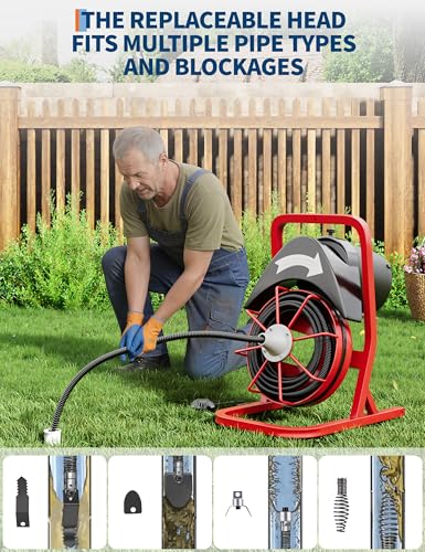 Garvee Drain Cleaner Machine 75FT x 1/2 Inch Steel Core Cable Portable 370W Electric Drain Cleaning Machine With Sewer Auger, Cutter, Air-activated Foot Switch, for Commercial, Home