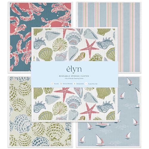 ELYN Swedish Dishcloths, Reusable & Washable Sponge Cloths, Absorbent Cleaning Paper Towels for Kitchen, Dishes, Counters and More, 5 Pack, Classic Coastal - color: Classic Coastal