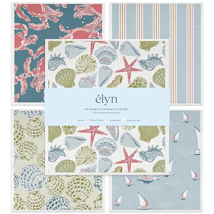 ELYN Swedish Dishcloths, Reusable & Washable Sponge Cloths, Absorbent Cleaning Paper Towels for Kitchen, Dishes, Counters and More, 5 Pack, Classic Coastal - color: Classic Coastal