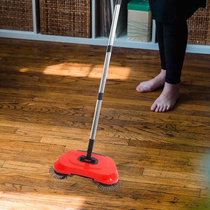 Hand pash Floor sweepar - Non Electric Vacuum Broom, Adjustable Handle Carpet sweepar, Compact Dust Collector | Manual pash Cleaner for Hardwood Tile Laminate Rugs, Pet Hair Removal, Home Cleaning Too - color: Red
