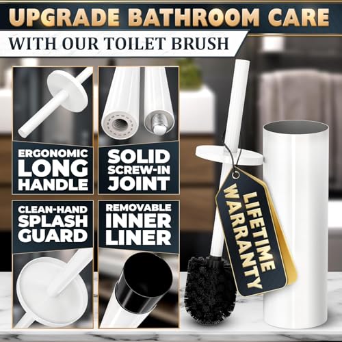 Stainless Steel Toilet Brush and Holder Set White - Long Handle Toilet Bowl Cleaner Brush and Holder - Removable Inner Liner, Shiny Design, Splash Protection & Dense Bristles for Bathroom Cleaning - color: Natural White