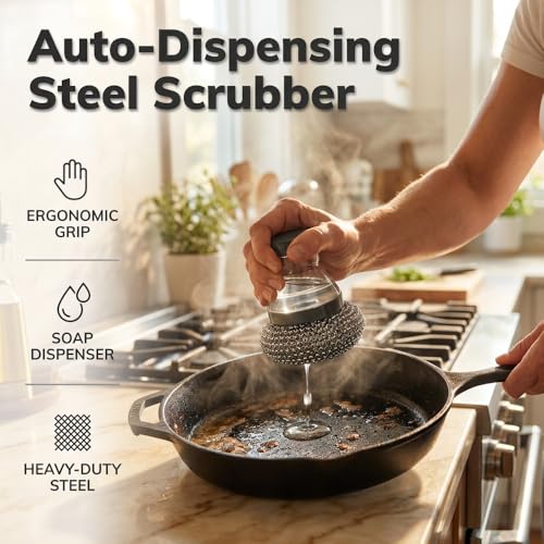 Comfort Grip Soap Dispensing Kitchen Scrub Brush, Dish Brush with Soap Dispenser & Handle, Extra Strong Scrubbing for Stubborn Residue on Pots Pans & BBQ Grill (5pcs Brush Heads + Handle) - color: 5pcs Brush Heads + Handle