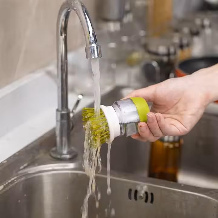 Soap Dispenser Palm Dish Brush with Storage Bracket – Drainage Base, Easy-to-Clean Kitchen Utensil Cleaner | Includes Extra Soft Bristle Brush (Gray&Green) - color: Gray&green