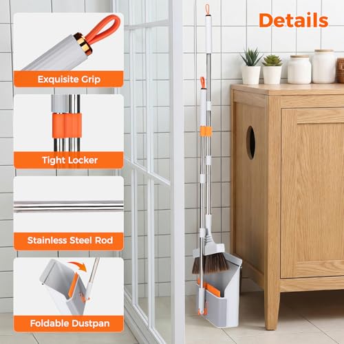 Broom and Dustpan Set with Adjustable Handle, Upright Design, Built-in Comb Teeth, Mint Green, for Home Office Hardwood Floors Pet Hair (Silver/Gray) - color: Silver/Gray