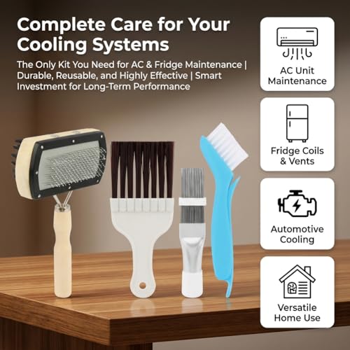 4-Piece Air Conditioner Coil Brush Kit, Refrigerator Coil Brush Set for Refrigerator Radiator & Car Coolers, Includes Dual-Sided Brush and Metal Brushes with Long and Short Bristles