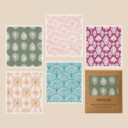 RECYCO Swedish Dishcloths for Kitchen | 5 Pack Gem Washable Dish Rags | Cellulose Reusable Cleaning Paper Towels | Absorbent Counter Dish Cloth Sponge Kitchen Wipes, 8" L x 7" W - color: Gem - 5 Pack