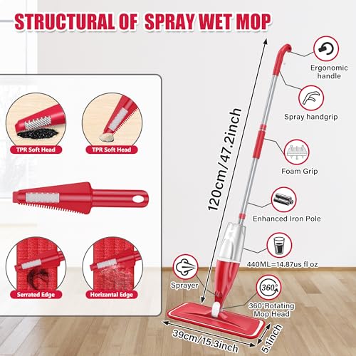 Spray Wet Mops with 3 Pads 2 Refillable Bottles for Hardwood Floor Cleaning