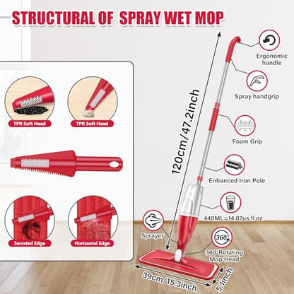 Spray Wet Mops with 3 Pads 2 Refillable Bottles for Hardwood Floor Cleaning