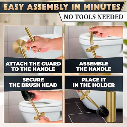 Gold Toilet Brush and Holder Set - Brushed Stainless Steel Gold Toilet Bowl Brush and Holder with Replaceable Head, Removable Inner Bowl, and Splash Protection - Dense Bristles for Thorough Cleaning - color: Gold