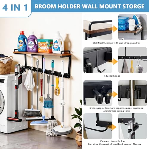 Broom Holder Wall Mount With Cleaning Supplies Organizer Shelf Broom And Mop Organizer Wall Hanging With Vacuum Holder Wall Mount, Wall Mounted Broom Hanger Utility Racks For Home Garage Laundry Room