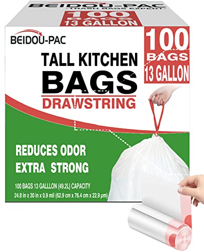 BEIDOU-PAC Trash Bags 13 Gallon Drawstring, 100 Count, Multifold Roll Garbage Bags, Tall Kitchen Trash Bag, Odorless & Extra strength White Plastic Food Scrap Bag for Home Office Bathroom Kitchen Bins - style: 13 Gallon |100 Count