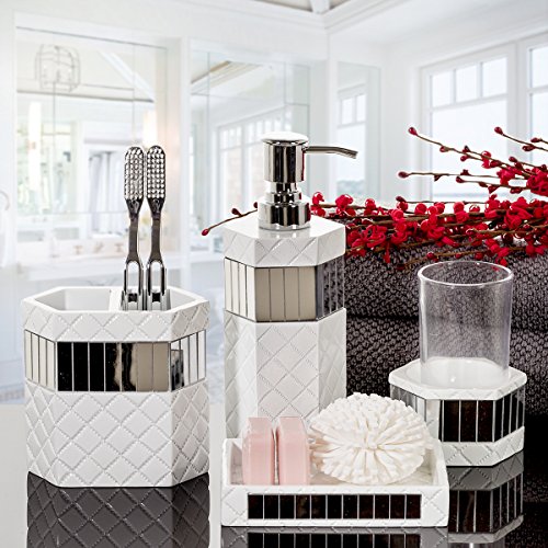 Creative Scents Quilted Mirror White Bathroom Accessories Set - Decorative 4 Piece Bathroom Set - Mirrored Bathroom Accessory Set Includes: Soap Dispenser, Toothbrush Holder, Tumbler & Soap Dish - style: 4 Piece Set