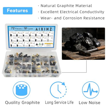 72 PCS Carbon Brushes Set, 18 Sizes Motor Brushes by Size Replacement for Power Tools, Universal Carbon Brush Kit Compatible with Electric Hammer Drills, Angle Grinders, Circular Saws