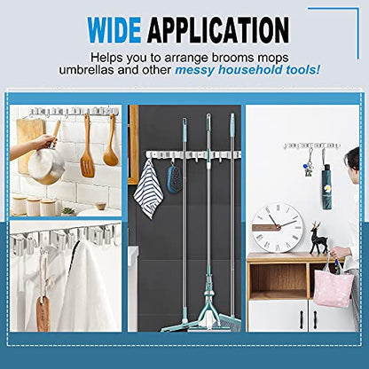 NUHATOP Broom Holder Wall Mount,4 Clips 5 Hooks, Stainless Steel, Mop and Broom Organizer Rack, Non-Slip, Cleaning Tools Storage Hanger for Garage, Laundry Room, Closet Door, Garden, Silver